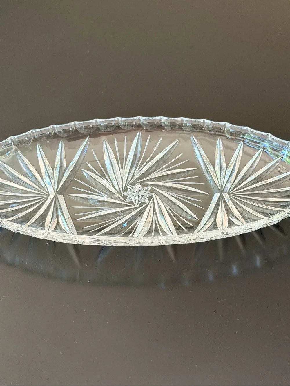 Vintage Clear Pressed Glass Starburst Pinwheel Oval Relish Dish Serving Tray